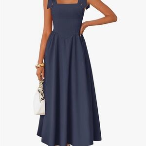 ZESICA Chic Sleeveless Navy Maxi Dress With Pockets- NEW